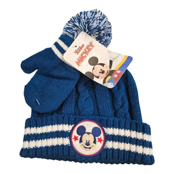Disney Mickey Mouse Blue and White Winter Beanie Hat and Mitten Set - Picture 1 of 5